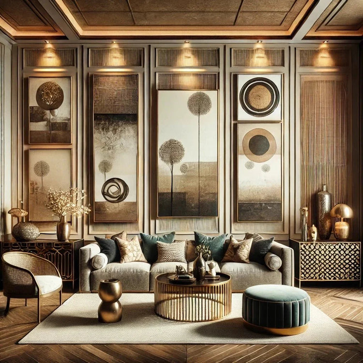 Luxurious room interior showcasing our limited edition wall art collection with custom, modern, and abstract designs for high-end decor.