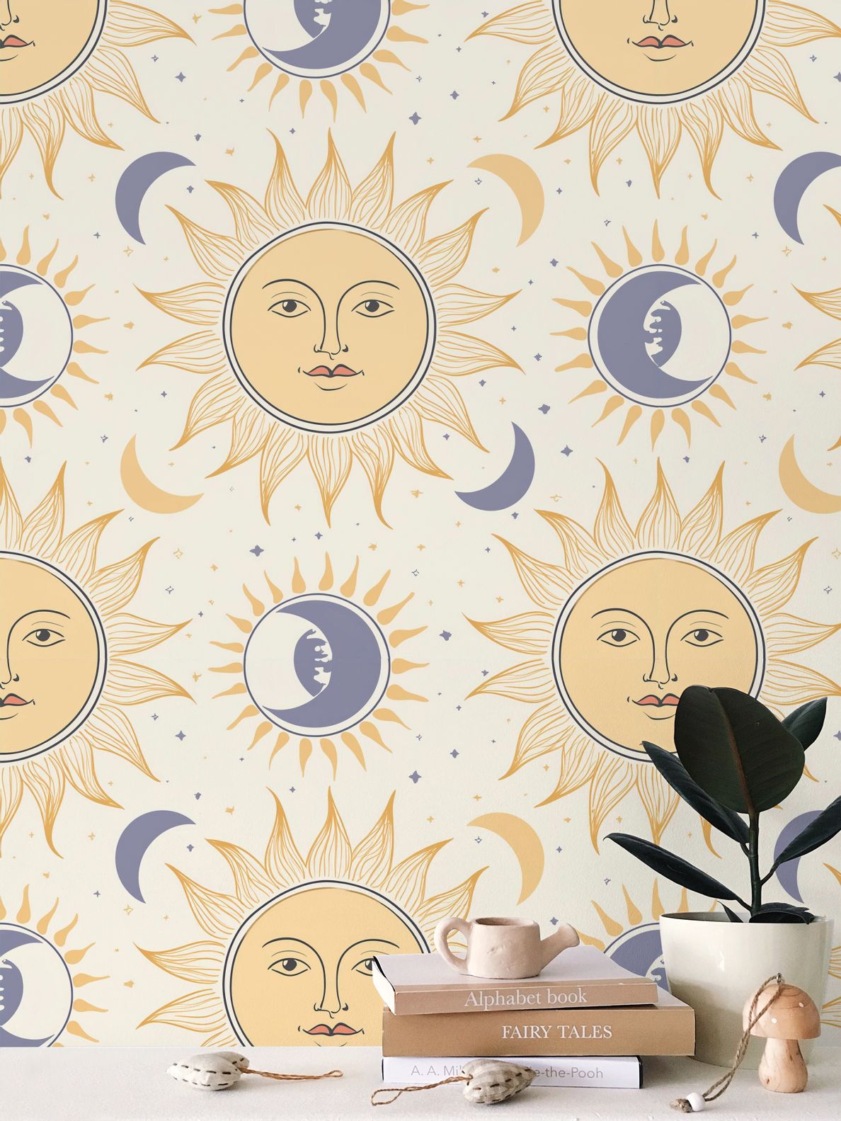 Celestial Sun and Moon Wallpaper | Elegant Mystical Sky Design - Uniquely Walls