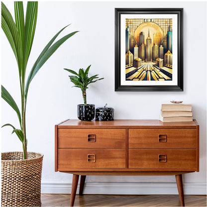 Golden Skyline Dreamscape | Art Deco Radiance Framed Wall Art - Uniquely Walls