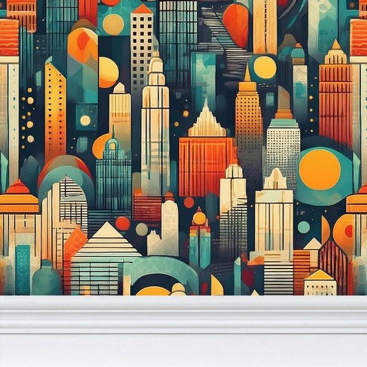 Urban Skyline Reverie Wallpaper | Cityscape Art Deco Design - Uniquely Walls